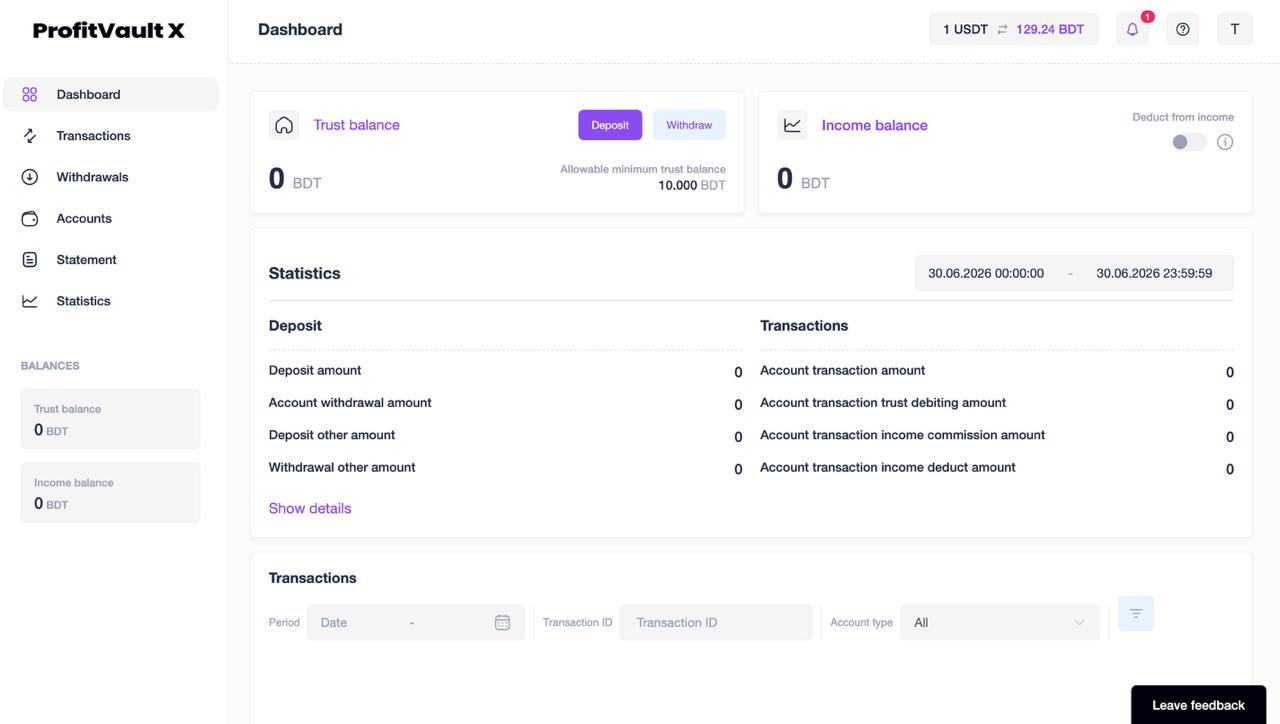 ProfitVault X dashboard